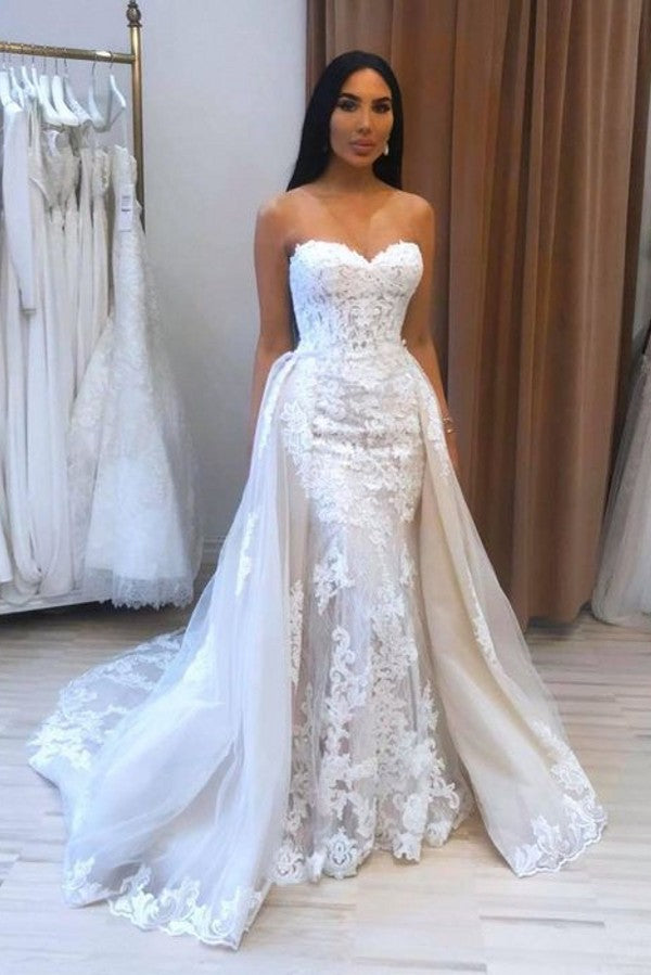 Elegant Sweetheart Backless Tulle Long Meramid Wedding Dress with Appliques Lace