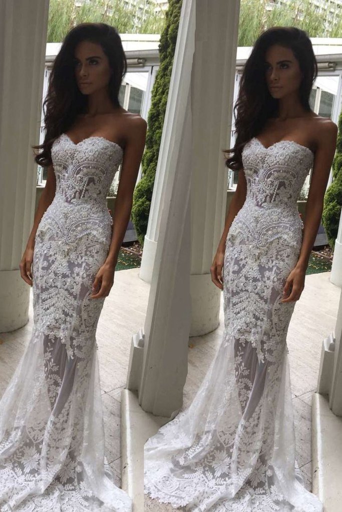 Long Mermaid Sweetheart Appliques Lace Wedding Dress With Detachable Train main image 0