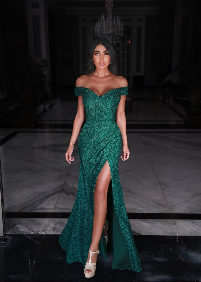 Long Mermaid Sweetheart Off-the-shoulder Green Prom Dresses with Slit BIZTUNNEL Long Mermaid Sweetheart Off-the-shoulder Green Prom Dresses with Slit BIZTUNNEL