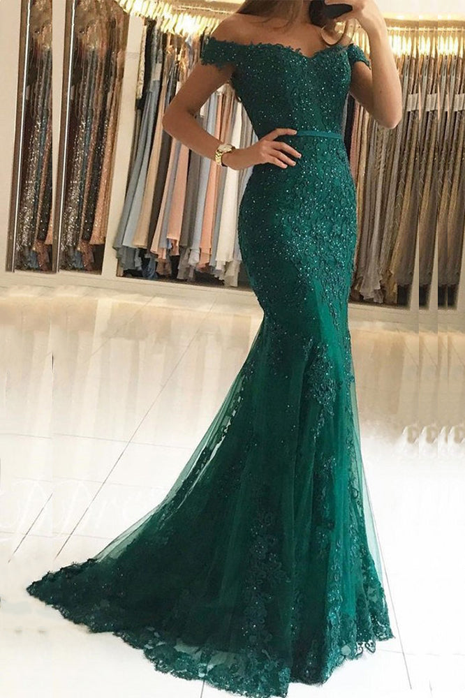 Long Mermaid Off the Shoulder Tulle Lace Formal Graduation Prom Dresses main image 0