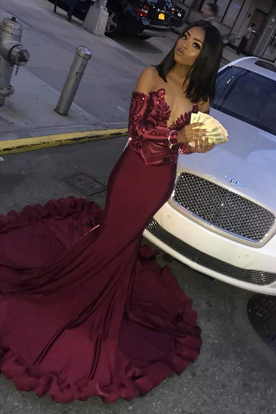 Burgundy Mermaid Dresses In Maroon Long Mermaid Sweetheart Satin Prom Dress  With Sleeves  BIZTUNNEL