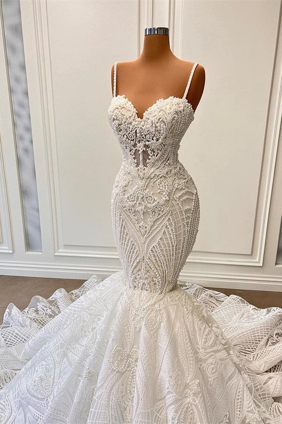 Long Mermaid Sweetheart Spaghetti Straps Tulle Beading Wedding Dress with Ruffles-BIZTUNNEL