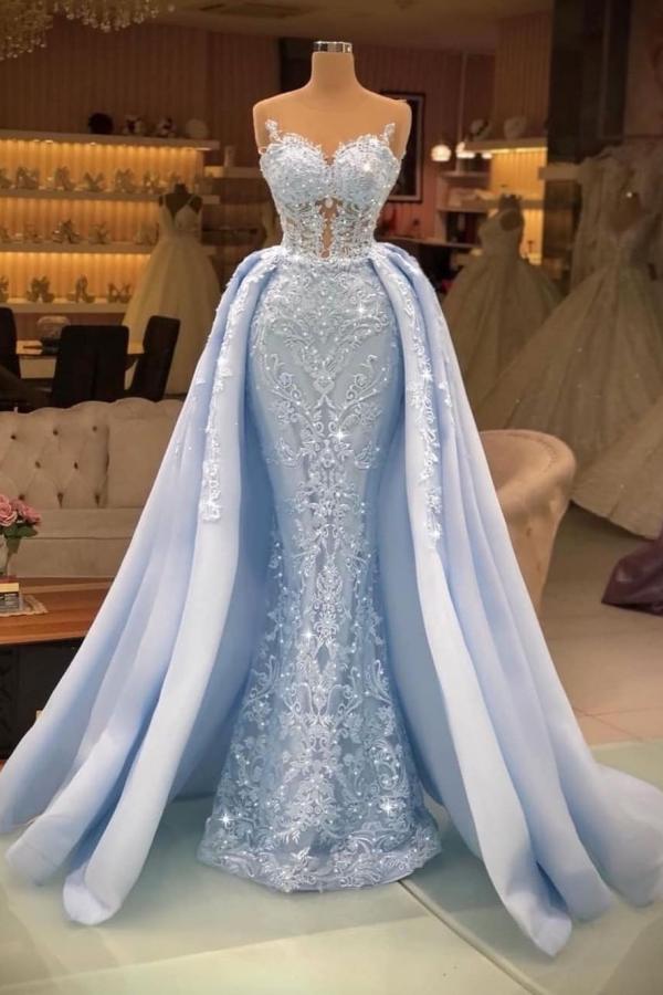 white and blue mermaid prom dress Long Mermaid Sweetheart Tulle Glitter Prom Dress with Detachable Sweep Train