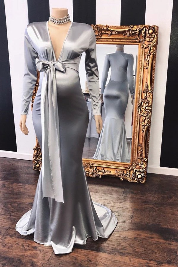 Long Mermaid V-Neck Adjustable Pregnant Formal Dresses with Sleeves