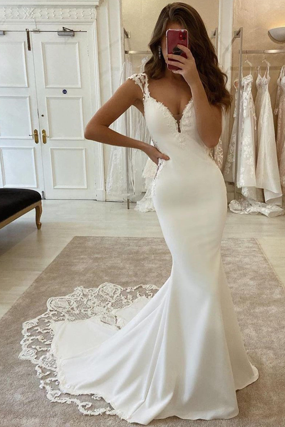 Long Mermaid V-neck Appliques Lace Satin Backless Wedding Dress Long Mermaid V-neck Appliques Lace Satin Backless Wedding Dress