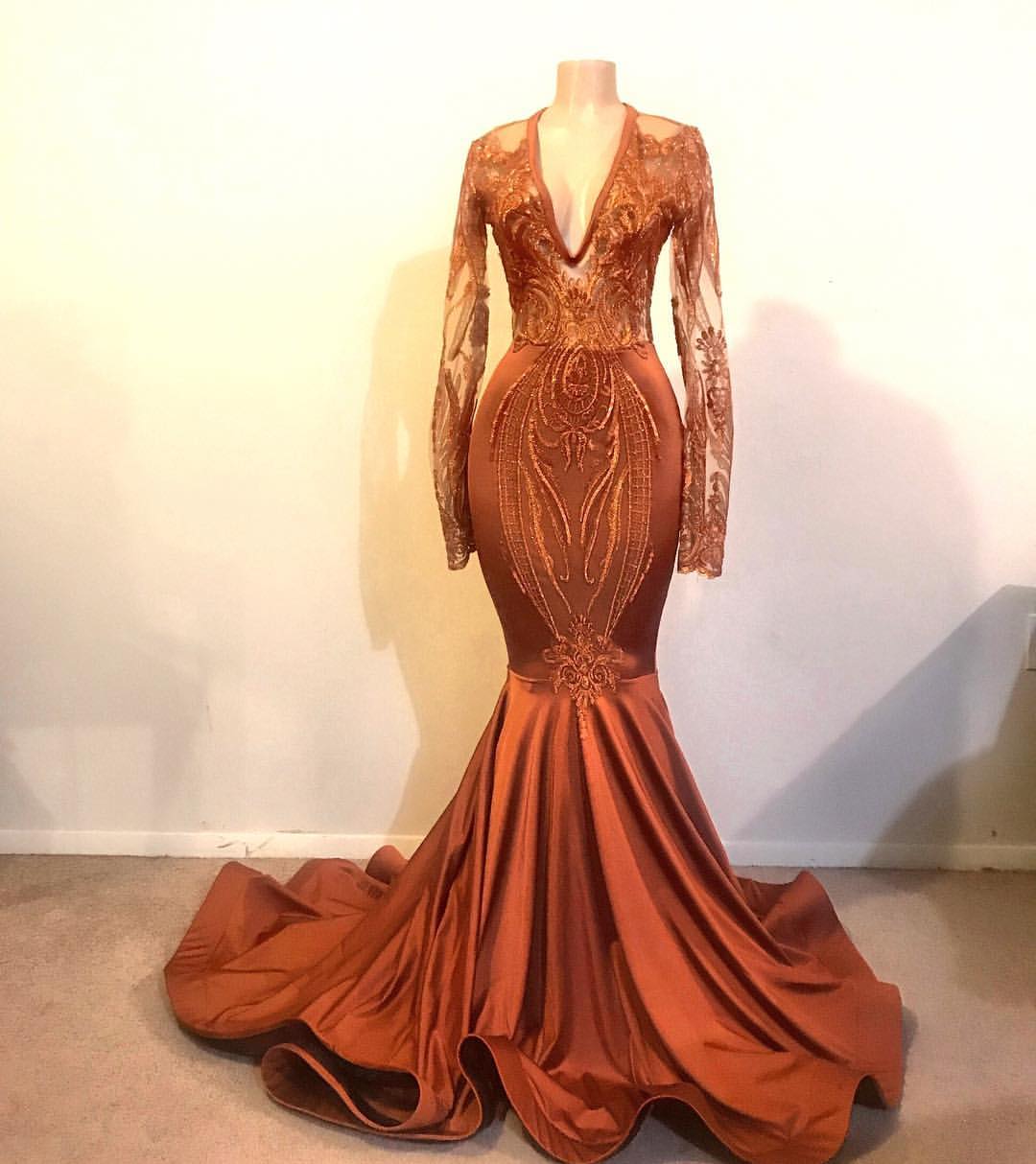chinese dress ladies Long Mermaid V-Neck Appliques Lace Satin Prom Dress with Sleeves