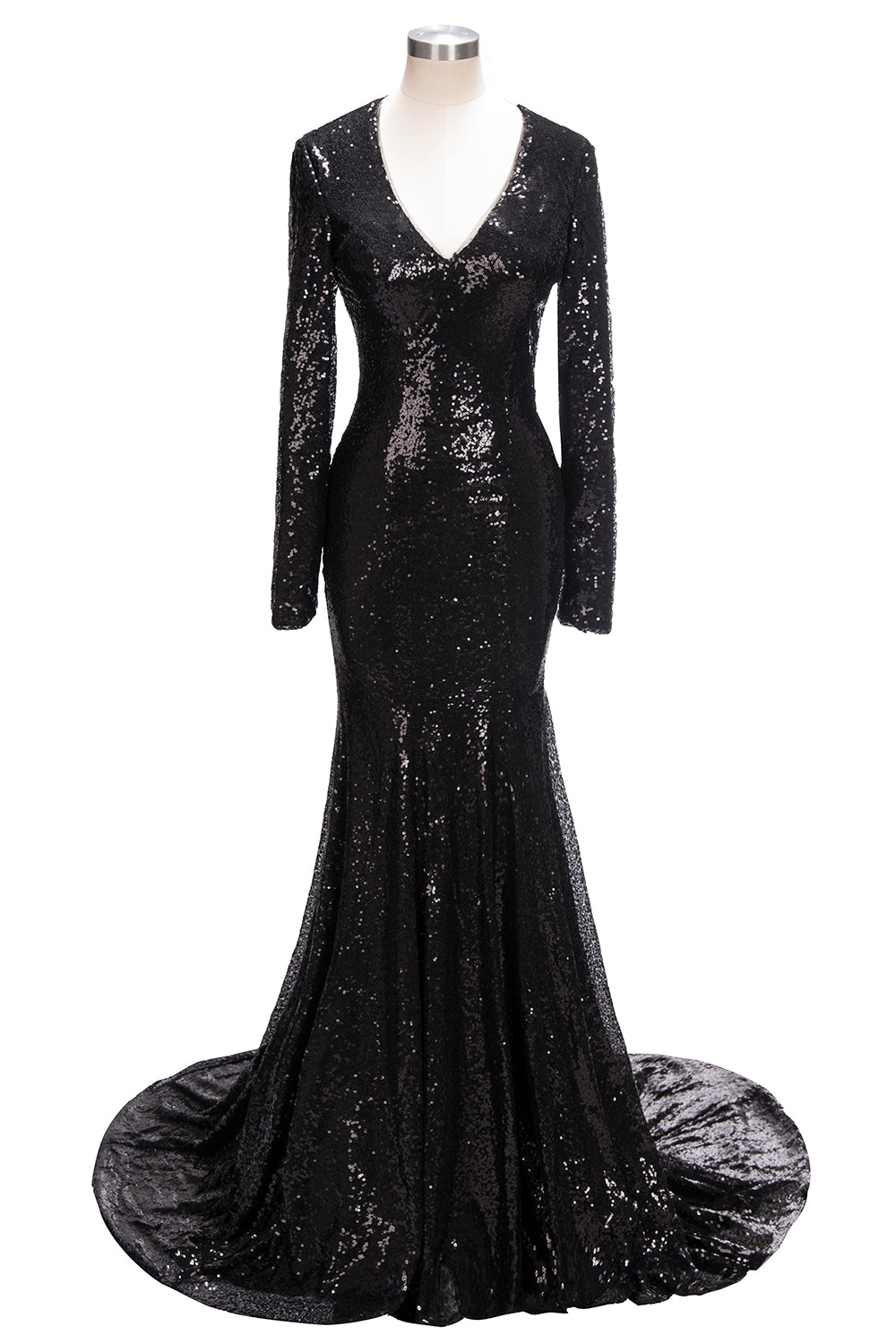 Long Mermaid V-Neck Black Sequins Prom Dresses with Sleeves  BIZTUNNEL