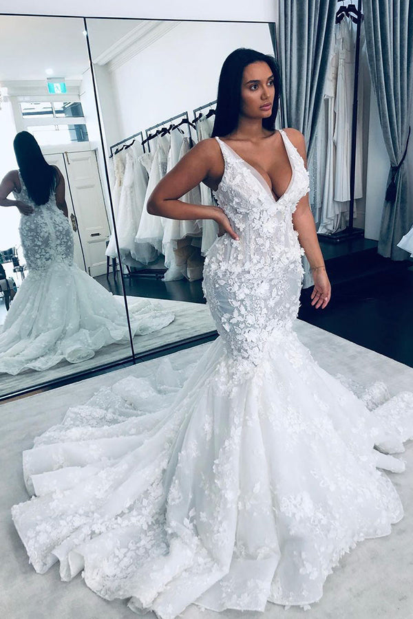 Long Mermaid V-neck Floral Beaings Straps Backless Wedding Dress Long Mermaid V-neck Floral Beaings Straps Backless Wedding Dress