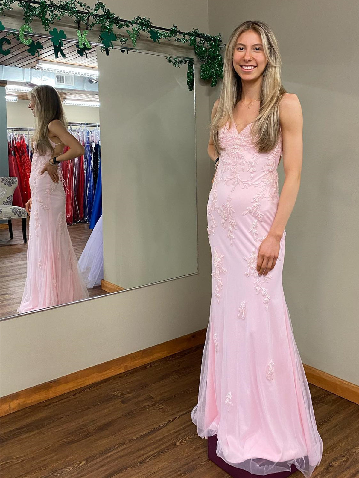 Long Mermaid V-neck Lace Backless Prom Dress Pink Formal Evening Dress BIZTUNNEL Long Mermaid V-neck Lace Backless Prom Dress Pink Formal Evening Dress BIZTUNNEL