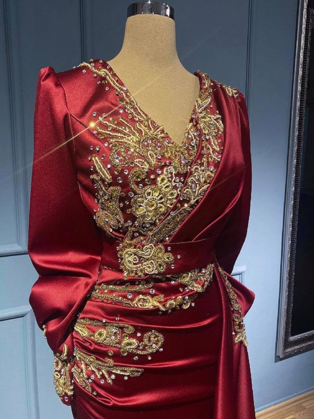slim fit dress slacks Long Mermaid V-Neck Satin Beads Burgundy Prom Dress with Sleeves