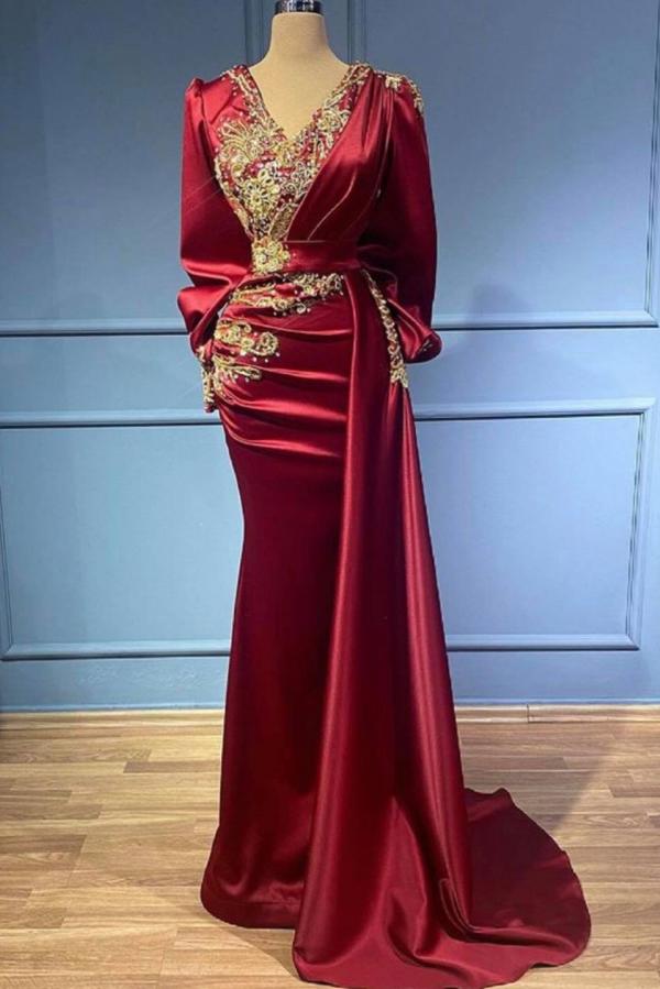 Long Mermaid V-neck Satin Beads Burgundy Prom Dress with Sleeves Long Mermaid V-neck Satin Beads Burgundy Prom Dress with Sleeves