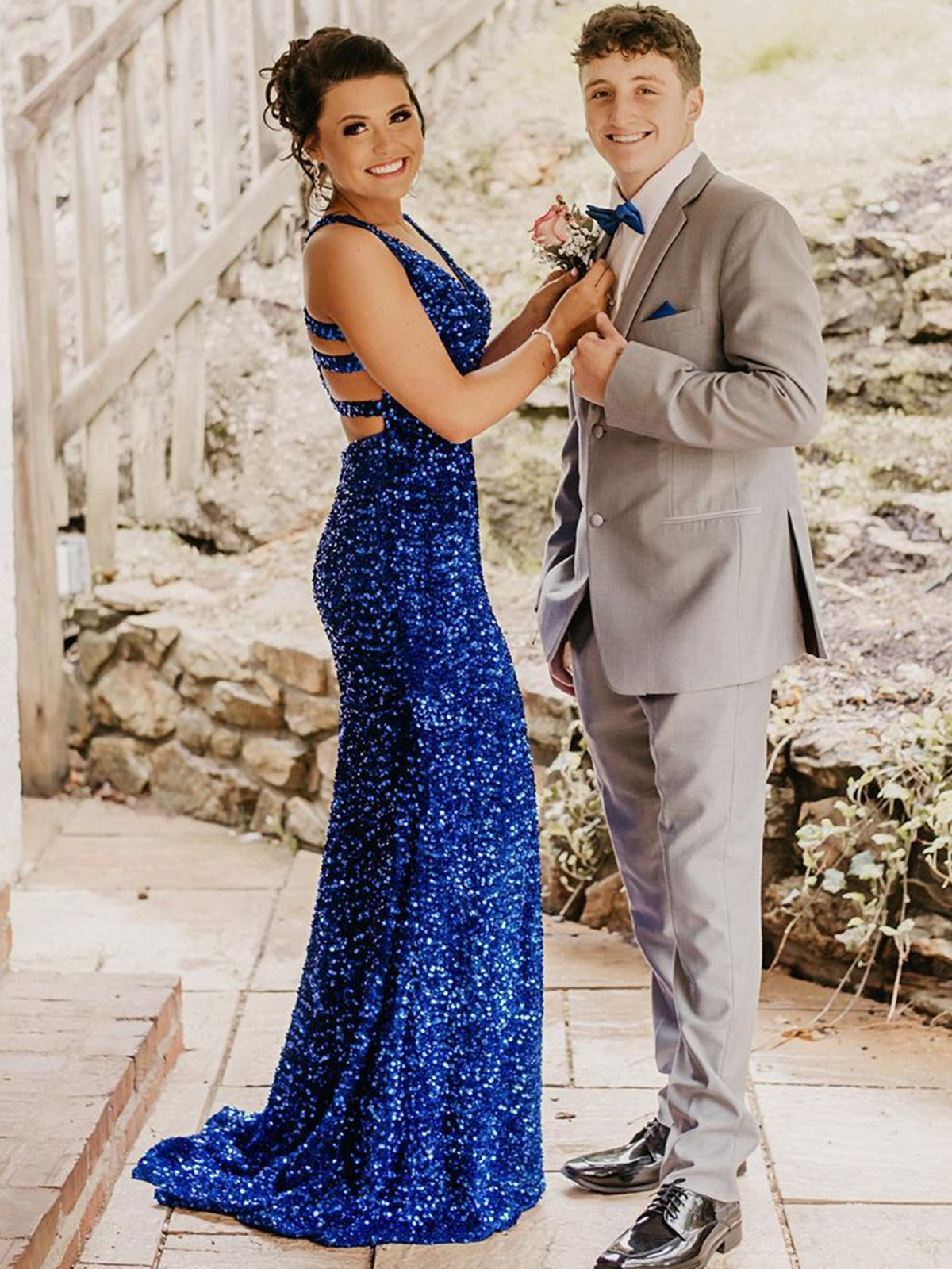 sachin and babi light blue dress Long Mermaid V-neck Sequined Backless Prom Dress with Slit Blue Formal –  BIZTUNNEL