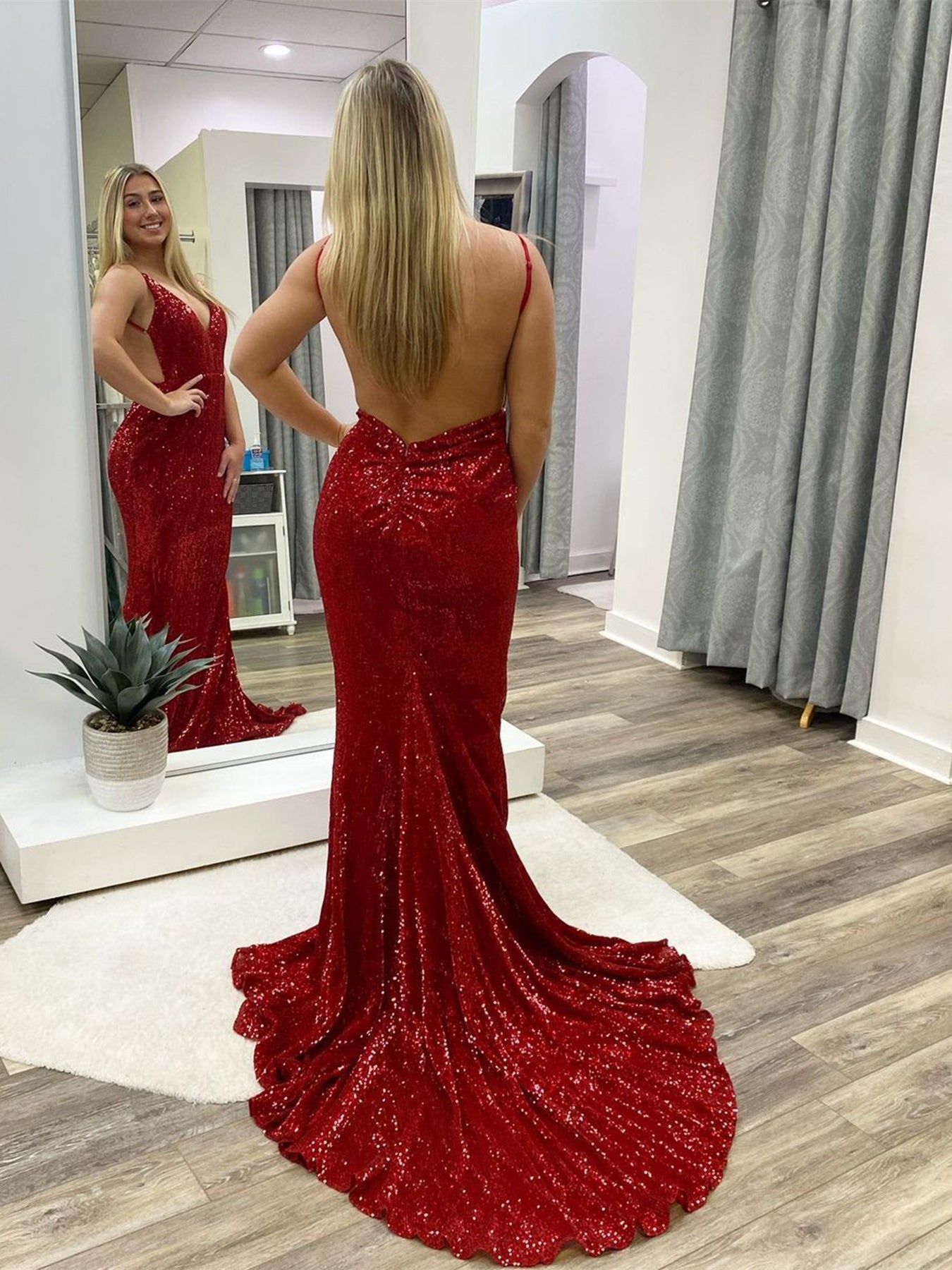 Long Mermaid V-neck Sequined Open Back Prom Dress Burgundy Formal Even BIZTUNNEL Long Mermaid V-neck Sequined Open Back Prom Dress Burgundy Formal Even BIZTUNNEL