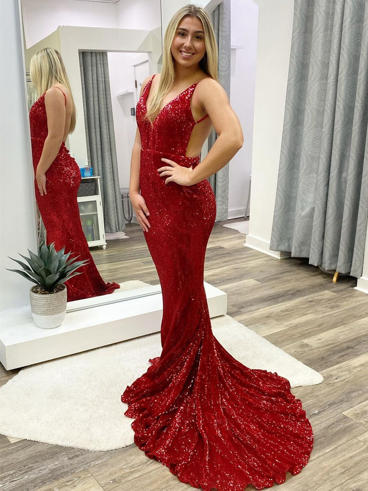 fitted lace wedding dress Elegant One Shoulder Sleeveless Sequin Mermaid Prom Dresses Burgundy / L main image 0