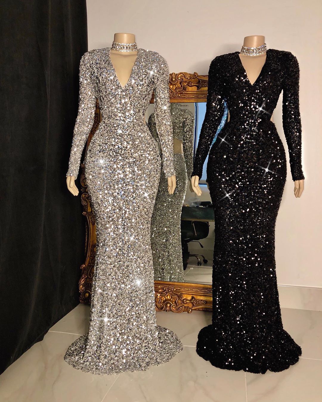 long sleeve mermaid dress pattern Long Mermaid V-neck Sequins Prom Dresses with Sleeves