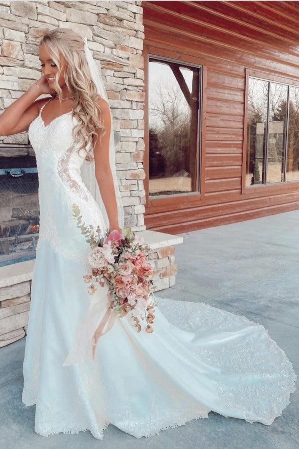 Long Mermaid V-neck Spaghetti Straps Appliques Lace Wedding Dress BIZTUNNEL Long Mermaid V-neck Spaghetti Straps Appliques Lace Wedding Dress BIZTUNNEL