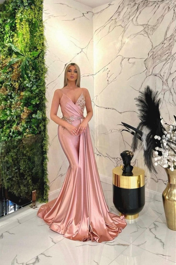 Long Mermaid V-Neck Spaghetti Straps Glitter Pink Prom Dresses