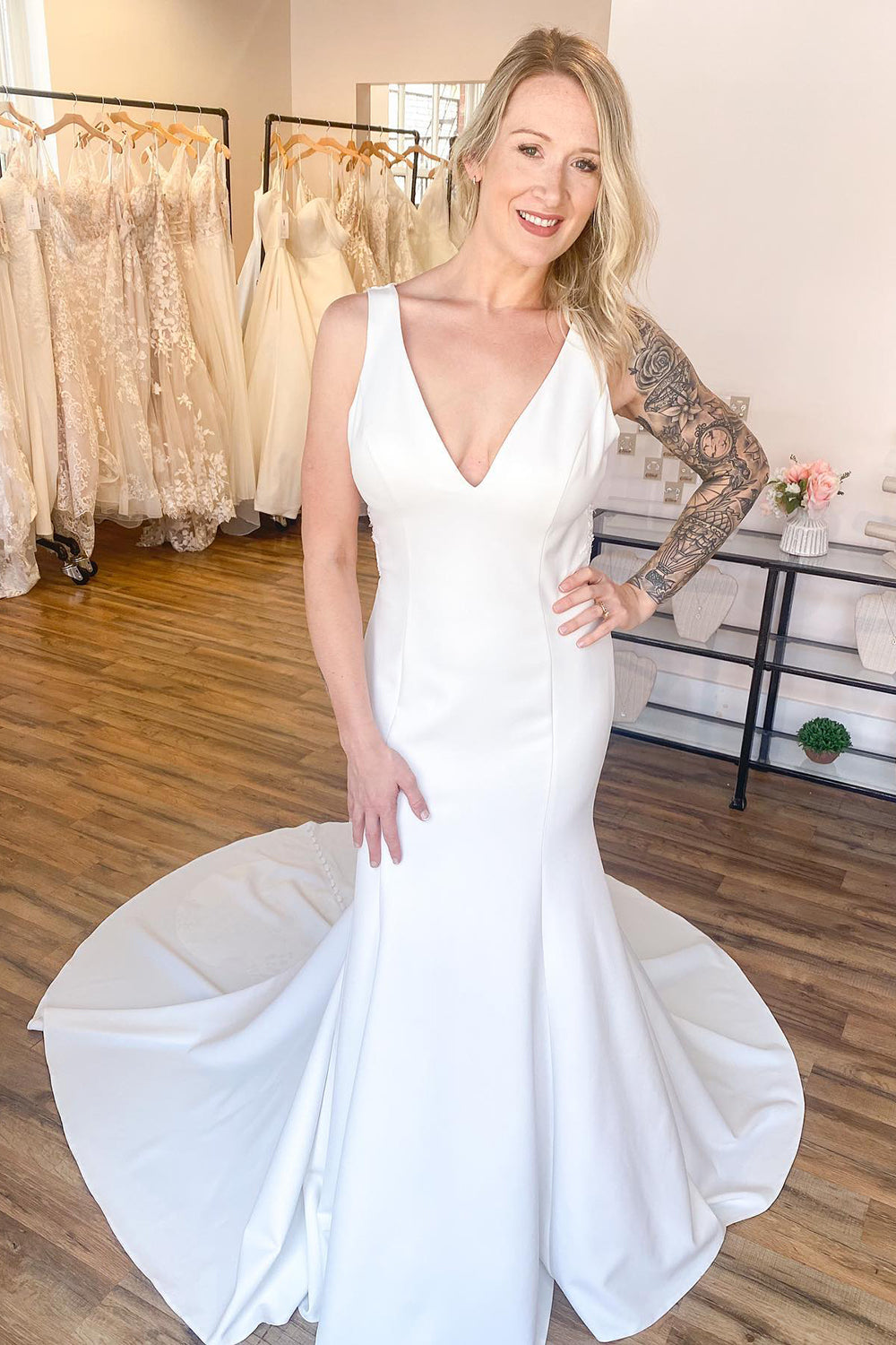 meghan markle backless dress Deep V Neck Scoop Sleeves Backless Mermaid Wedding Dress with Shaped Train AWD1767 main image 1