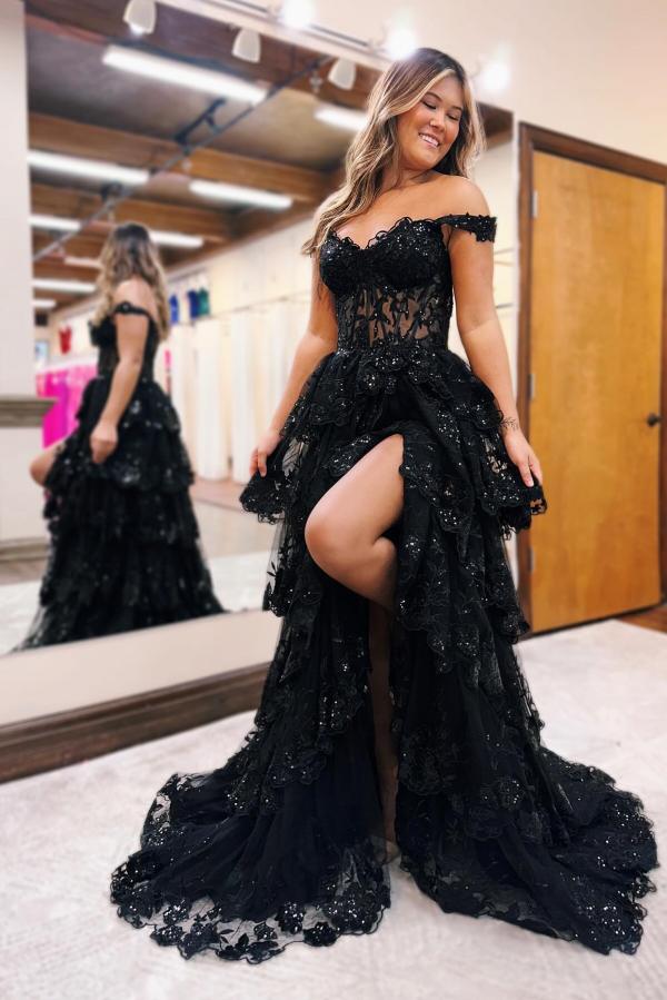 long black evening dress with side split Spaghetti Straps Appliques Side Split Black Long Prom Dress PSK440 US12 / Burgundy