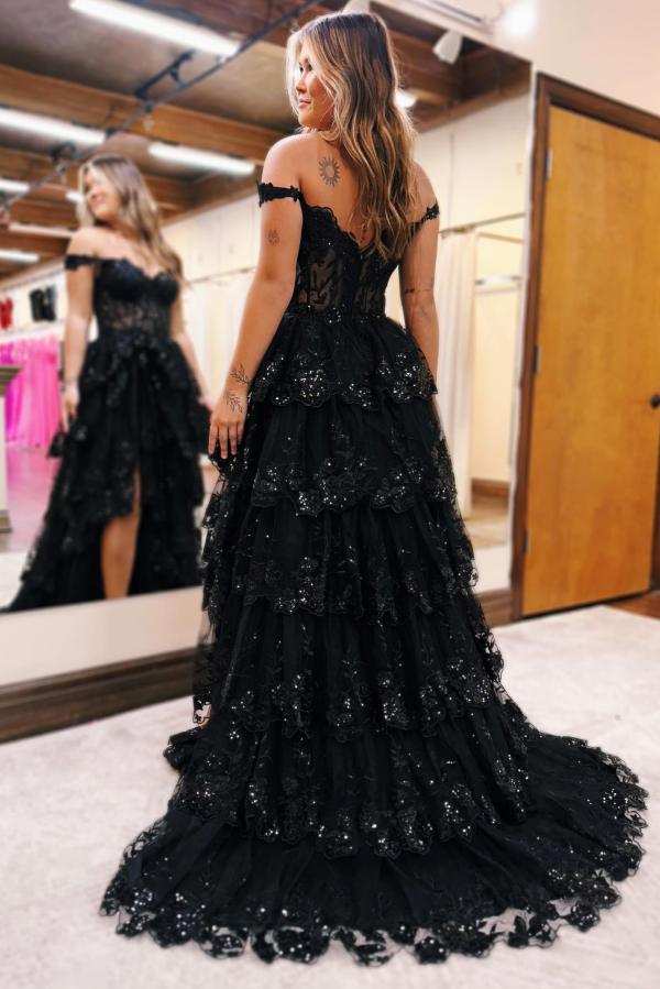 Long Off-the-Shoulder Black Lace A-line Evening Prom Dress with Side S –  BIZTUNNEL