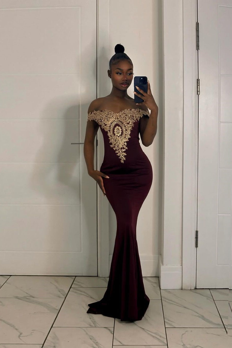 Long Off-the-Shoulder Gold Appliques Floor Length Mermaid Evening Dres   BIZTUNNEL