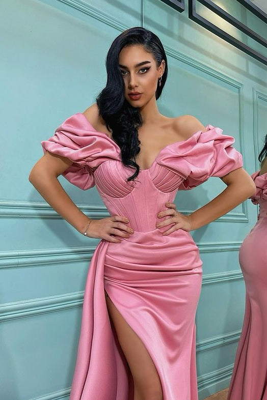 Vintage Off The Shoulder Satin Appliques Long Prom Dress,Mermaid Slit Evening Dress Y8613 main image 0
