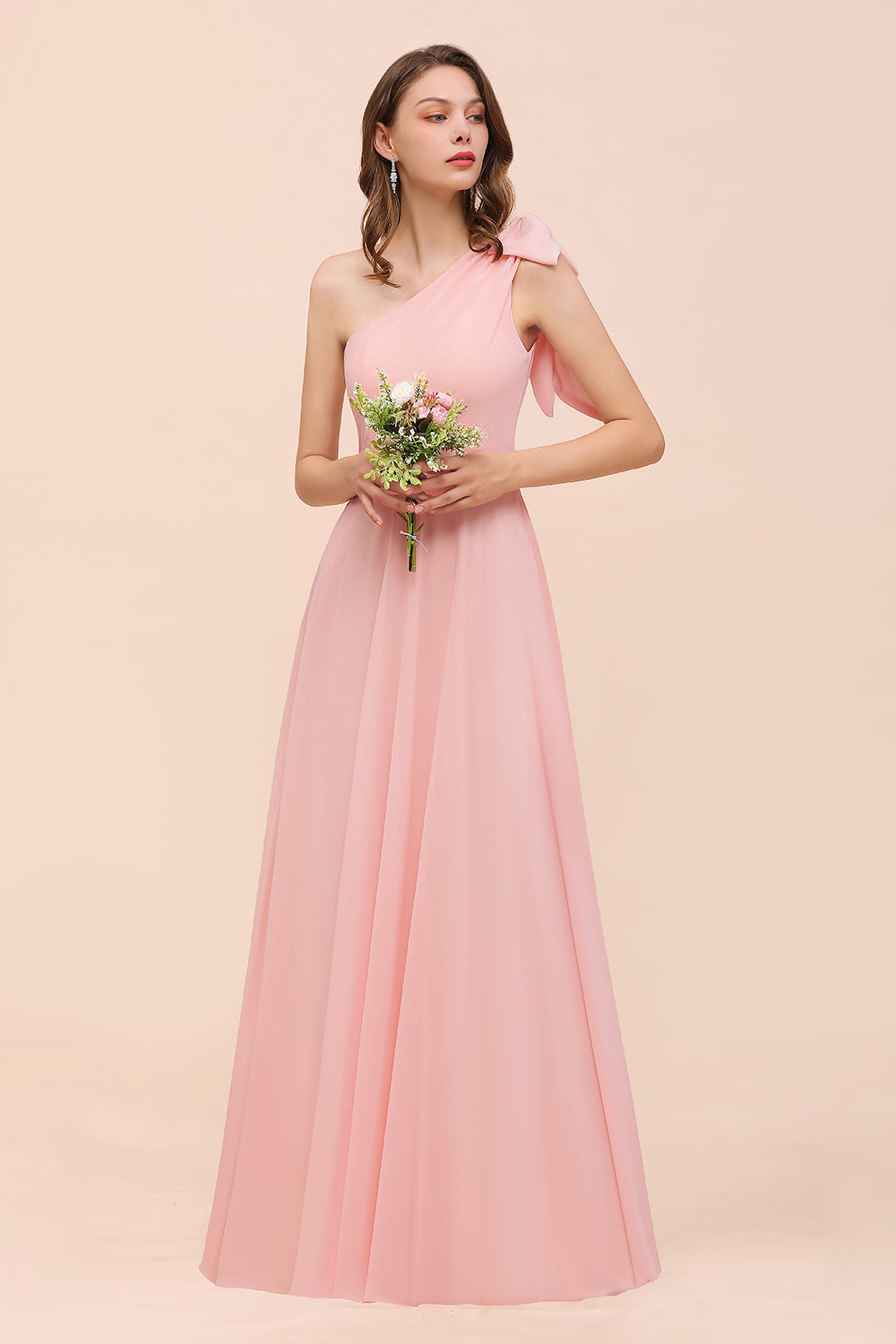 Long One Shoulder A-Line Chiffon Pink Bridesmaid Dress With Bowknot Long One Shoulder A-Line Chiffon Pink Bridesmaid Dress With Bowknot