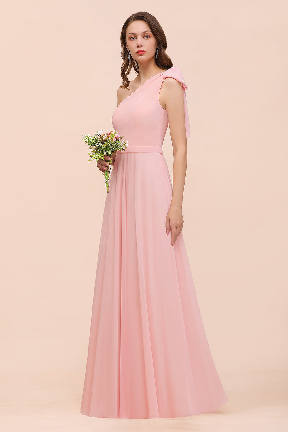 chinese dress ladies Long One Shoulder A-Line Chiffon Pink Bridesmaid Dress with Bowknot