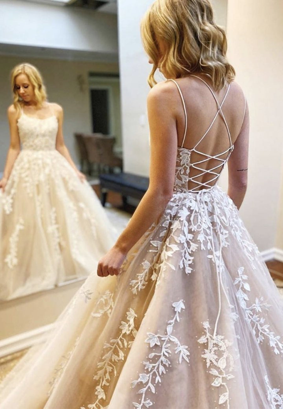 Long Princess A-Line Scoop Neck Tulle Lace Backless Formal Prom Dresses Long Princess A-Line Scoop Neck Tulle Lace Backless Formal Prom Dresses