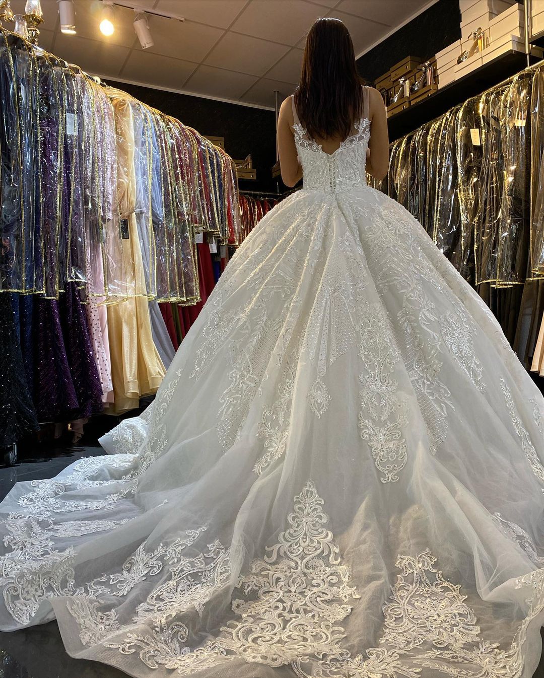 Long sleeves Champange Princess Lace Floor length V-neck Wedding Dresses main image 0