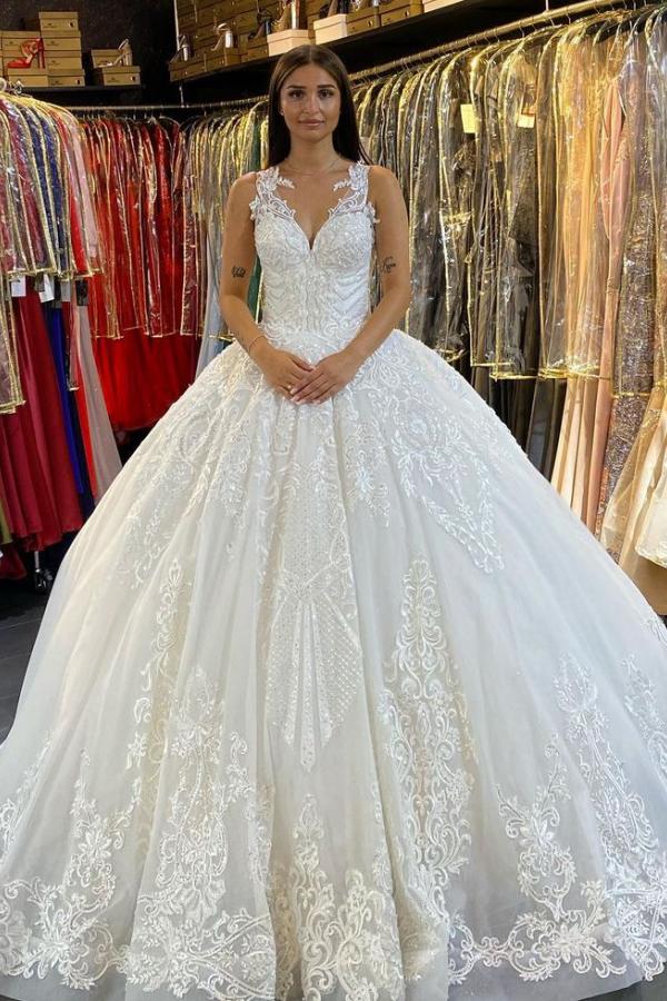V-neck Sleeveless Wedding Dress Open Back customized Princess Bride Gown