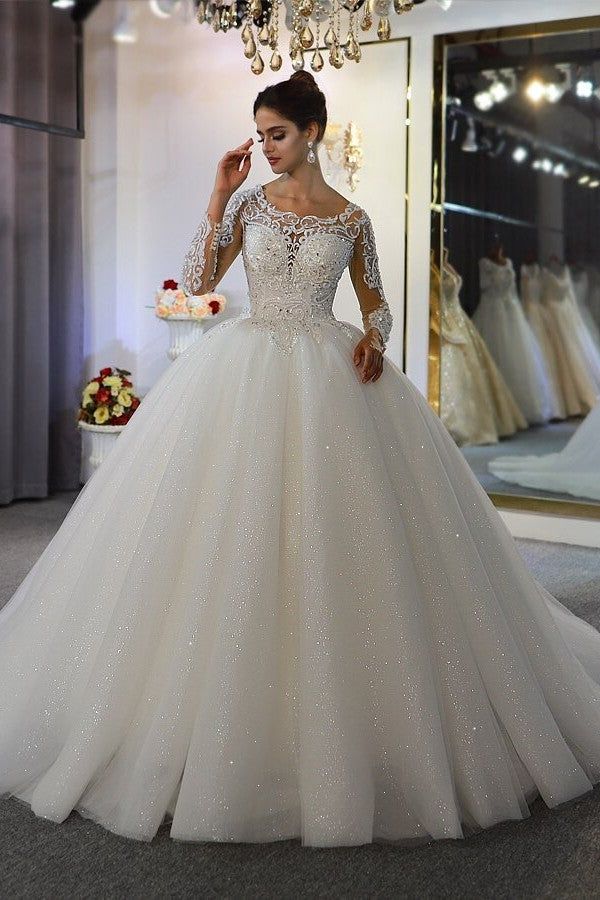 Long Sleeve A-Line Bateau Appliques Lace Sequins Wedding Dress BIZTUNNEL Long Sleeve A-Line Bateau Appliques Lace Sequins Wedding Dress BIZTUNNEL