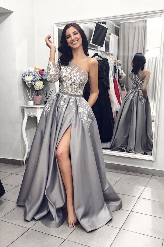 one shoulder prom dress long sleeve Long Sleeve A-Line One Shoulder Front Slit Prom Dress With Pockets –  BIZTUNNEL