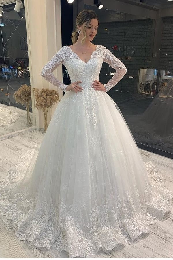 A-line V-neck Long Sleeves Wedding Dress With Lace Appliques