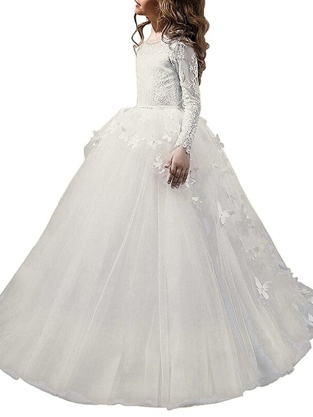 first communion dresses with long sleeves Long Sleeve Ball Gown Lace Jewel Neck First Communion Birthday Flower – BIZTUNNEL