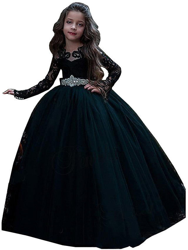Long Sleeve Black Ball Gown Sweep Brush Train Wedding Party Flower Girl Dresses Long Sleeve Black Ball Gown Sweep Brush Train Wedding Party Flower Girl Dresses