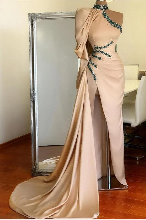 Long Sleeve High Neck One Shoulder Mermaid Prom Dress with Split