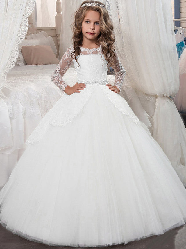 Long Sleeve Princess Tulle Jewel Neck Christmas Birthday First Communion Flower Girl Dresses Long Sleeve Princess Tulle Jewel Neck Christmas Birthday First Communion Flower Girl Dresses