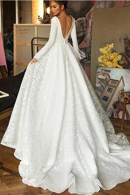 Long Sleeve V-Neck Boho Bridal Gowns Satin Backless Lace Wedding Dress Long Sleeve V-Neck Boho Bridal Gowns Satin Backless Lace Wedding Dress