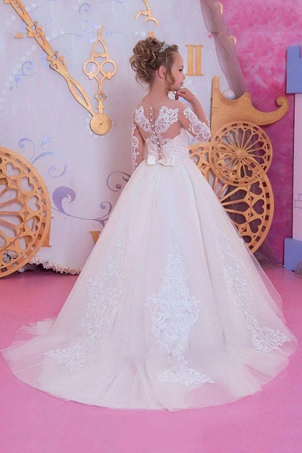long sleeve flower girl dress pink Long Sleeves A-line Lace Applique Organza Flower Girl Dresses – BIZTUNNEL