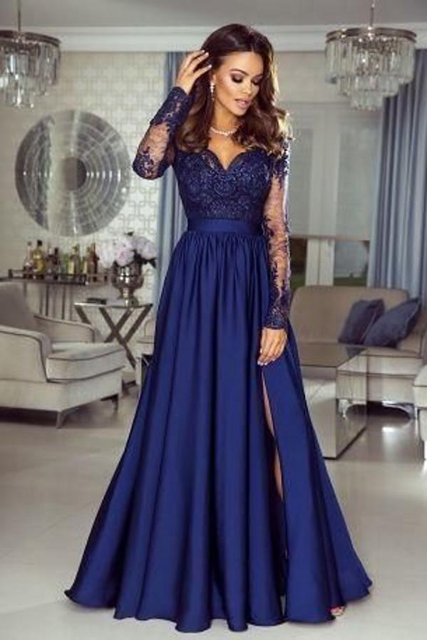 Long Sleeves A-Line Sweetheart Lace Prom Dress with Slit