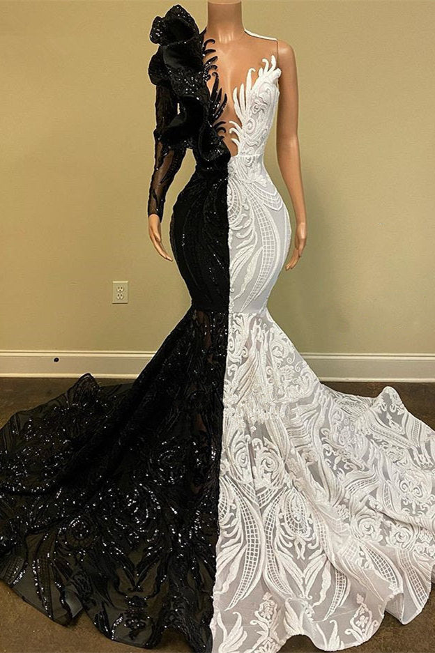 Long Sleeves Black and White Mermaid Lace Prom Dress Long Sleeves Black and White Mermaid Lace Prom Dress