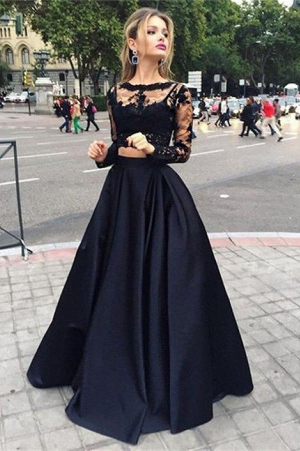 Long Sleeves Black A-line Satin Lace Two Piece Prom Dress – BIZTUNNEL