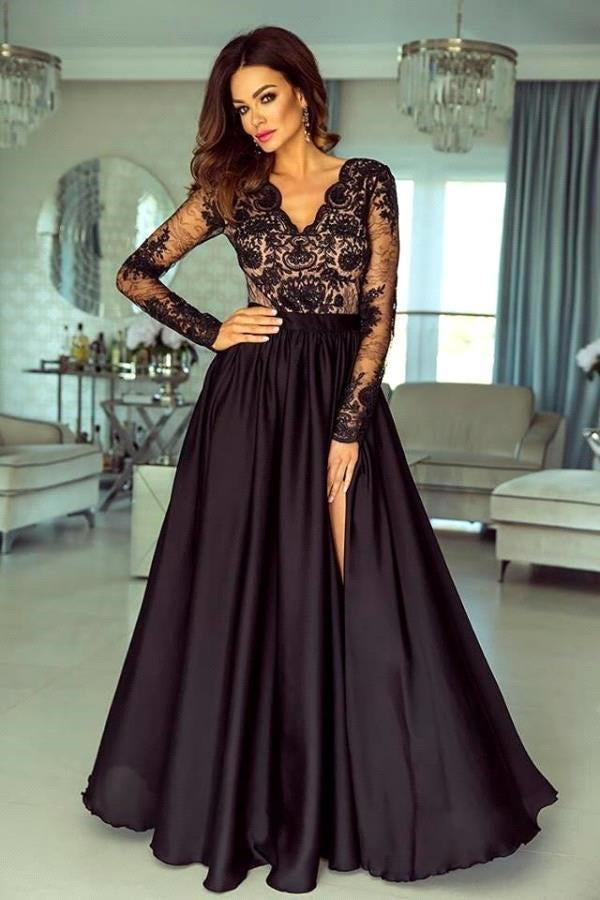 Long Sleeves Black A-line V-neck Satin Lace Prom Dress with Split Long Sleeves Black A-line V-neck Satin Lace Prom Dress with Split