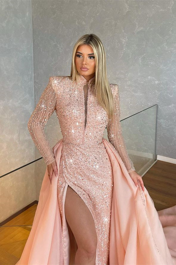 chinese dress ladies Long Sleeves Mermaid High Neck Sequins Prom Dresses with Slit