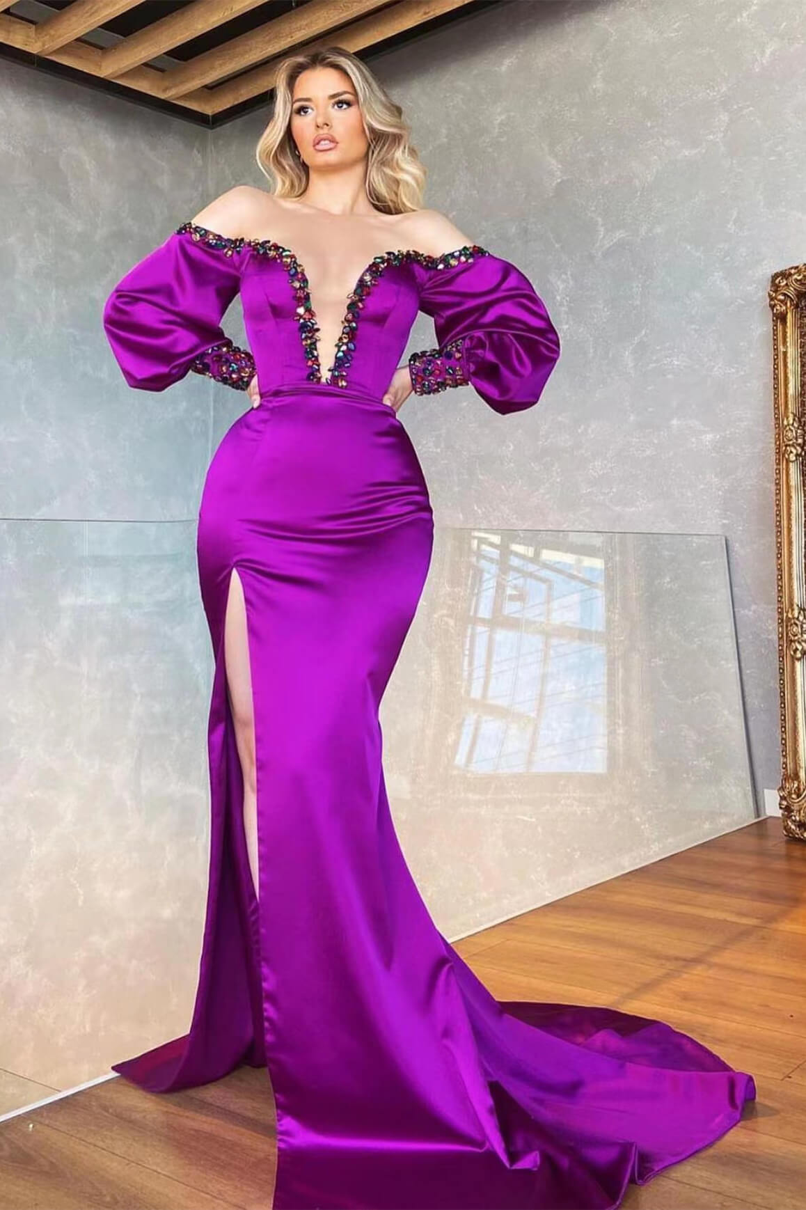 Elegant Long Mermaid Sweetheart Off-The-Shoulder Split Front Prom Dress