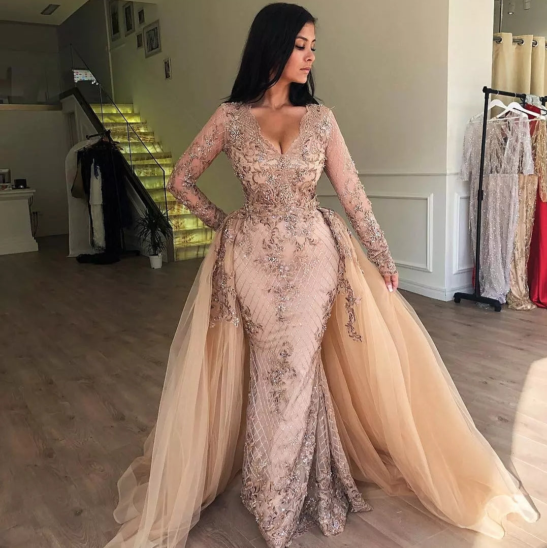 mermaid prom dress with detachable skirt Long Sleeves Mermaid V-neck Appliqued Prom Dresses with Detachable Skirt