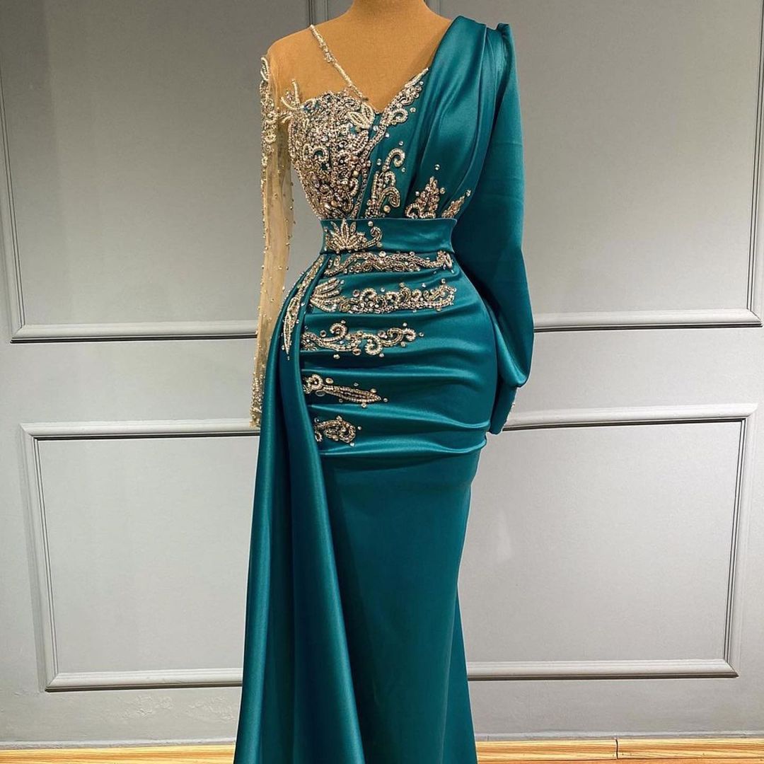 Long Sleeves Mermaid V-neck Satin Prom Dress with Side Swept Wrap BIZTUNNEL Long Sleeves Mermaid V-neck Satin Prom Dress with Side Swept Wrap BIZTUNNEL