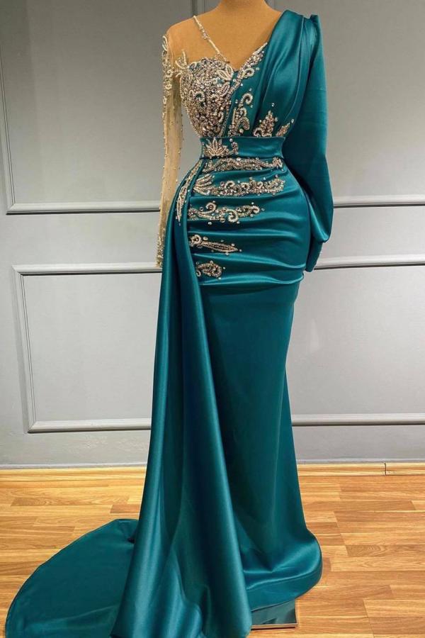 Long Sleeves Mermaid V-Neck Satin Prom Dress with Side Swept Wrap