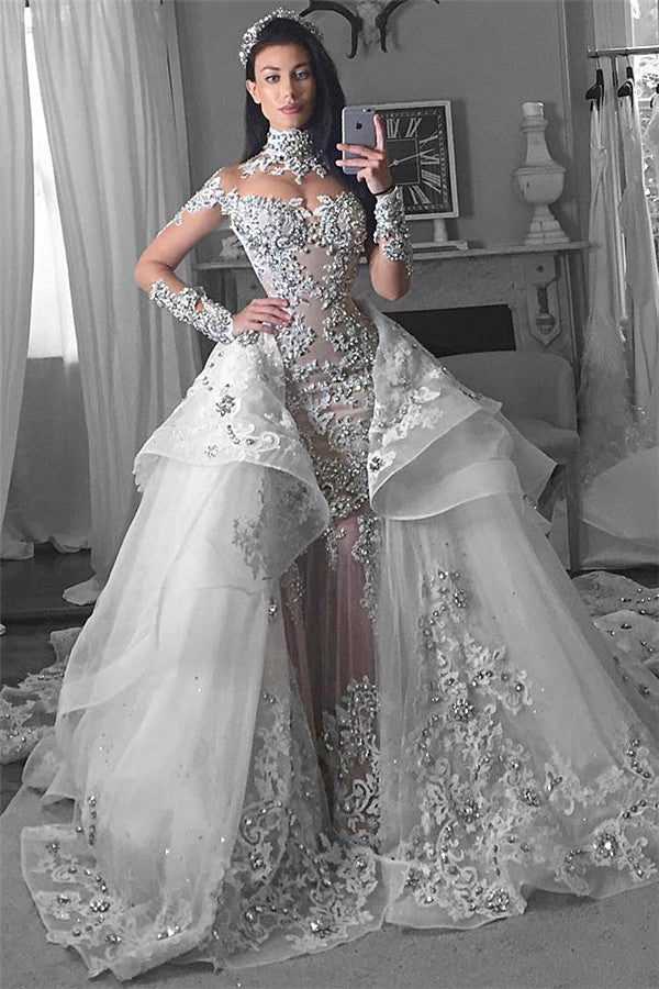Long Sleeve Silver Wedding Dresses Long Sleeves Tulle High Neck Appliques Lace Wedding Dresses With Detachable Long Sleeve Silver Wedding Dresses Long Sleeves Tulle High Neck Appliques Lace Wedding Dresses With Detachable